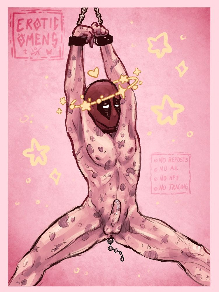 drawing of deadpool with his hands cuffed above his head and legs spread. he is naked aside from his mask, dazed-looking and horny as hell. maybe due to the anal beads hanging out of his ass