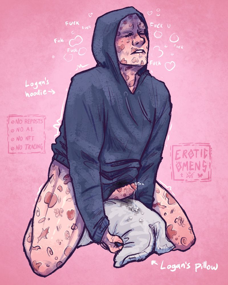 drawing of wade still wearing logan’s hoodie while he humps logan’s pillow 
