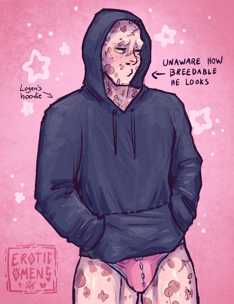 drawing of wade wilson wearing logan’s dark blue hoodie and pastel pink/blue panties 