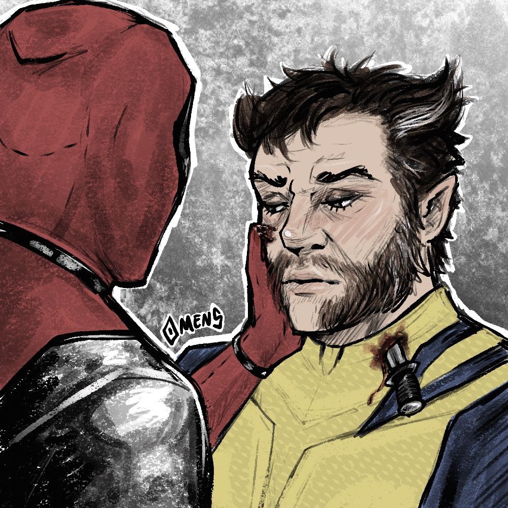 drawing of deadpool and wolverine being soft and intimate while there is a knife in logan’s neck 