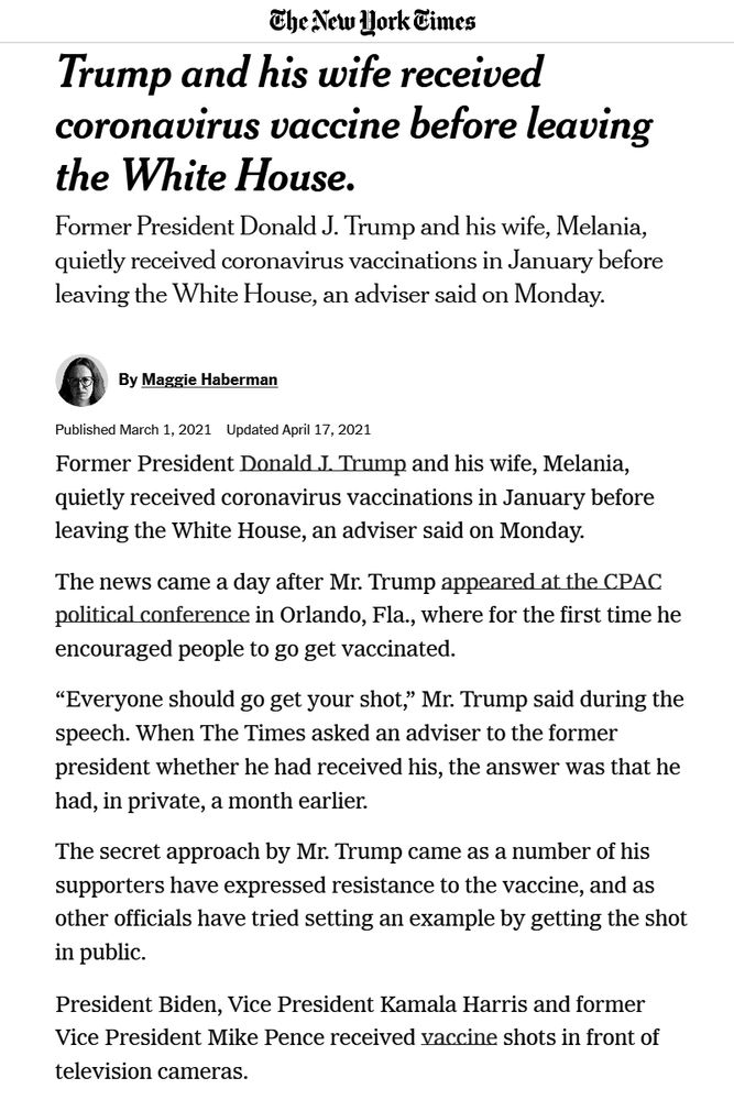https://www.nytimes.com/2021/03/01/us/politics/donald-trump-melania-coronavirus-vaccine.html Former President Donald J. Trump and his wife, Melania, quietly received coronavirus vaccinations in January before leaving the White House