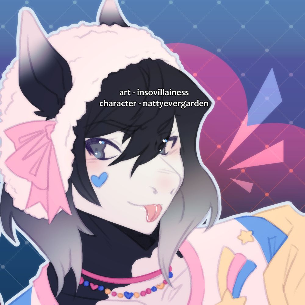 A closeup headshot of a black and white horse furry. She is wearing a fluffy white hat with a pink ribbon, and a pastel primary shirt. She has a blue heart on her cheek, and her tongue is sticking out. There is overlaid text crediting the artist