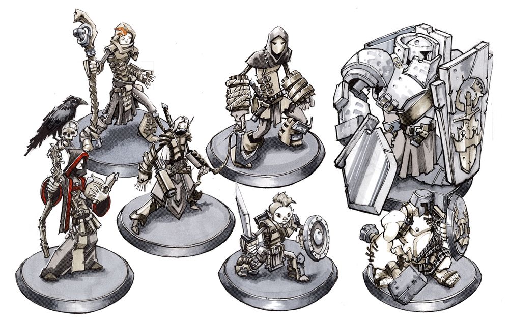 A cleric, thief, magic-user, elf, dwarf, halfling, and fighter, mounted on plinths like 28mm game pieces.