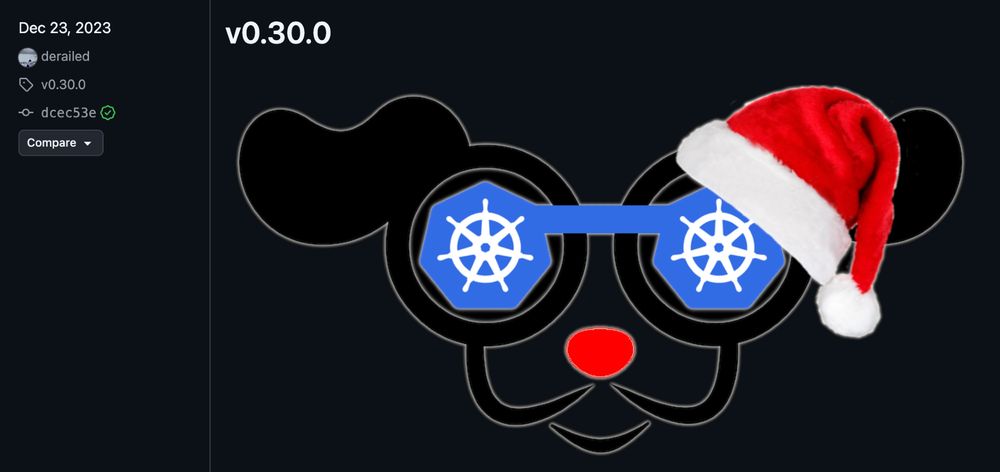 A screenshot of release v0.30.0 showing the k9s dog logo, with a Santa hat over one ear. The release is from December 23, 2023.