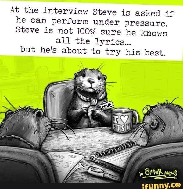 An otter in a necktie sits at table with older otters who are interviewing him for a job. He has a cup of coffee and on the cup it reads "I love fish". He wears a name tag with "Steve" on it. Steve is adorable.
