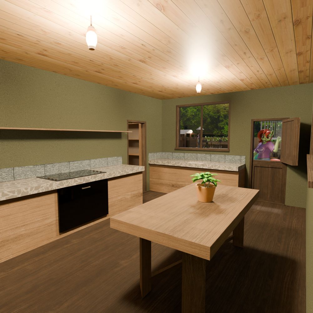 Kitchen with countertops and table placed in, but no objects or detail.