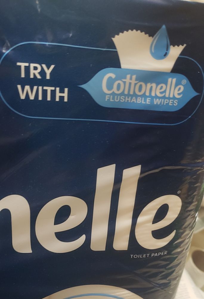 An unopened package of toilet paper. In the upper right hand corner, there's text imploring me to buy some flushable wipes to go with my toilet paper. 