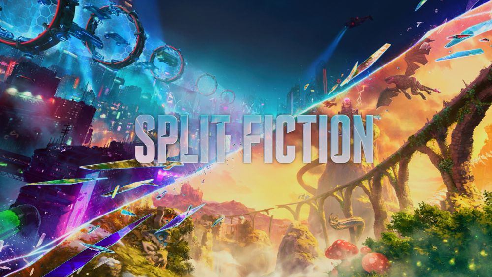 Title screen for the video game Split Fiction with futuristic and fantasy worlds split down the middle.