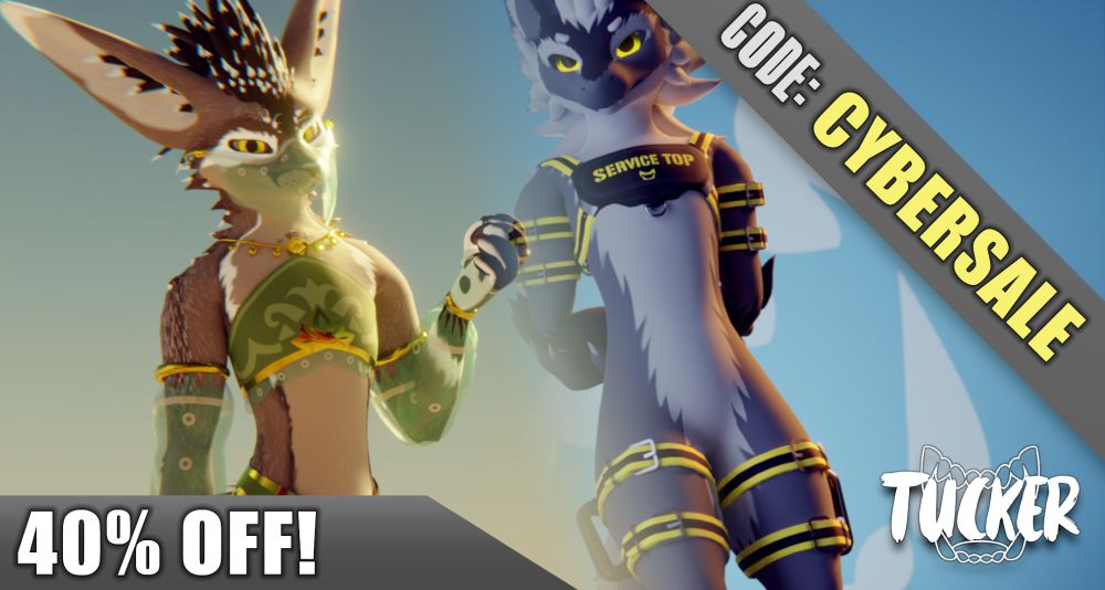 A graphic design collage of a 3D-rendered furry Rexouium alongside a furry Nardoragon from VRChat. The Rexouium is wearing a gerudo outfit and the Nardo is wearing a harness with the words "Service Top" printed on the chest-piece.

Listed in each corner are "40% off", "code: CYBERSALE", and the Tuckerin3D logo.