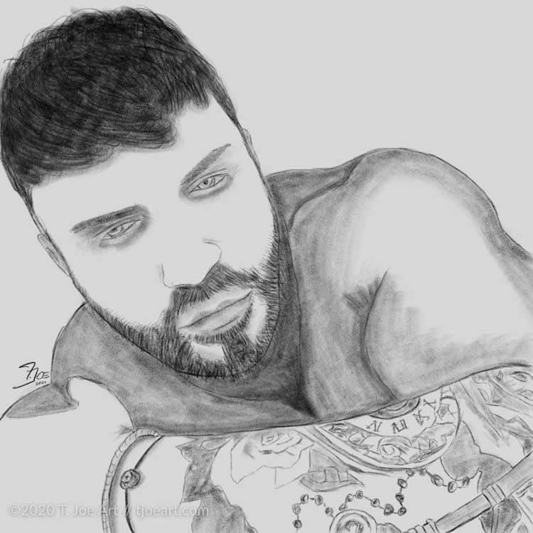 A black and white portrait in graphite on white paper. A closeup of a man's face, shoulders, and arm as he lays on his side and looks at you. He is shirtless, revealing a forearm sleeve tattoo that features rosary beads, a clock, and roses. He has short, dark hair, and a tightly trimmed beard.

©2019 T. Joe Art Studio.