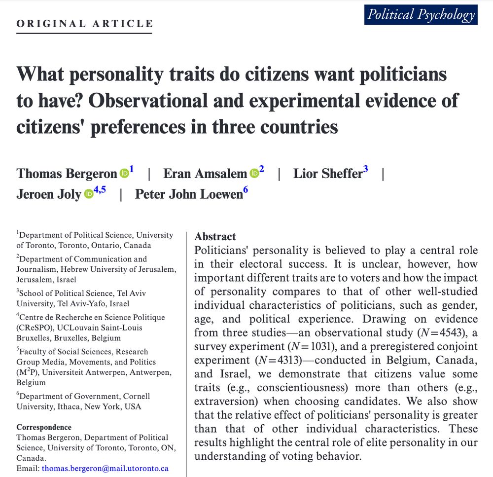 Screen shot of the title, author list, and abstract of the Political Psychology paper "What Personality Traits do Citizens Want Politicians to Have?"