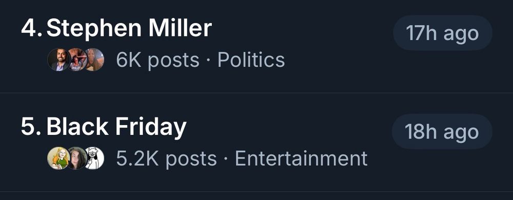 Screenshot of trending topics.

“4. Stephen Miller
6K posts • Politics
5. Black Friday
5.2K posts • Entertainment”