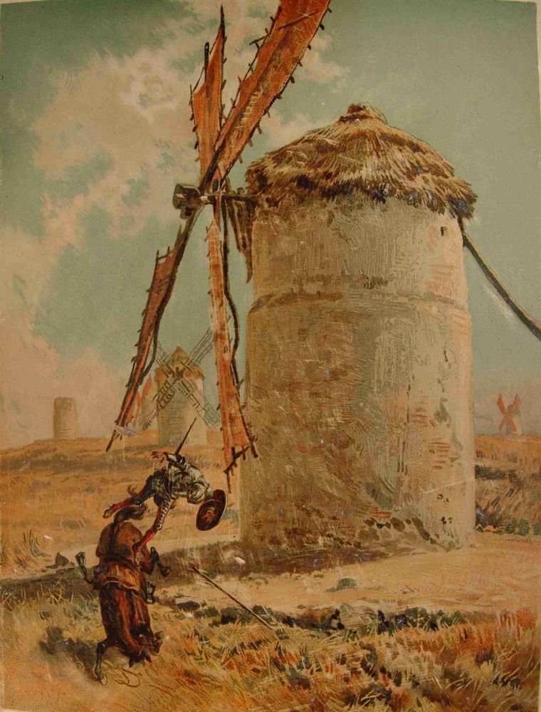 Illustration of Don Quixote fighting a windmill and falling down