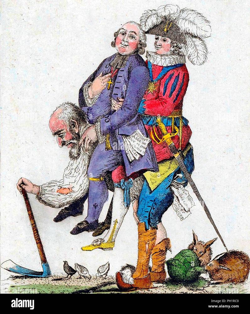 A clergyman and the king on the back of peasant. Cartoon from 1779. Origin France