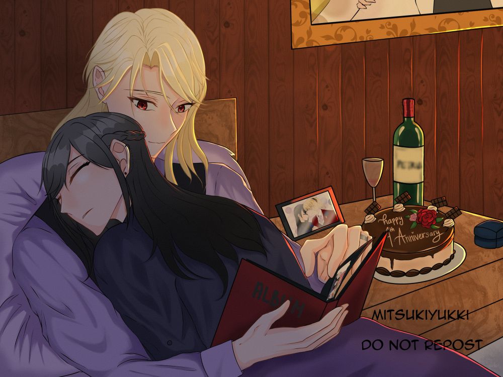 Black haired woman sleeping on top of a blonde-haired man with red eyes who’s relaxing on a bed, viewing an album with a picture of them both. Beside them, on the bedside table, sits a cake with ‘happy 4th anniversary’ written on it, next to a red rose. Theres also a photo frame with a picture of the two people, a wine glass and bottle, as well as a ring box. 
  