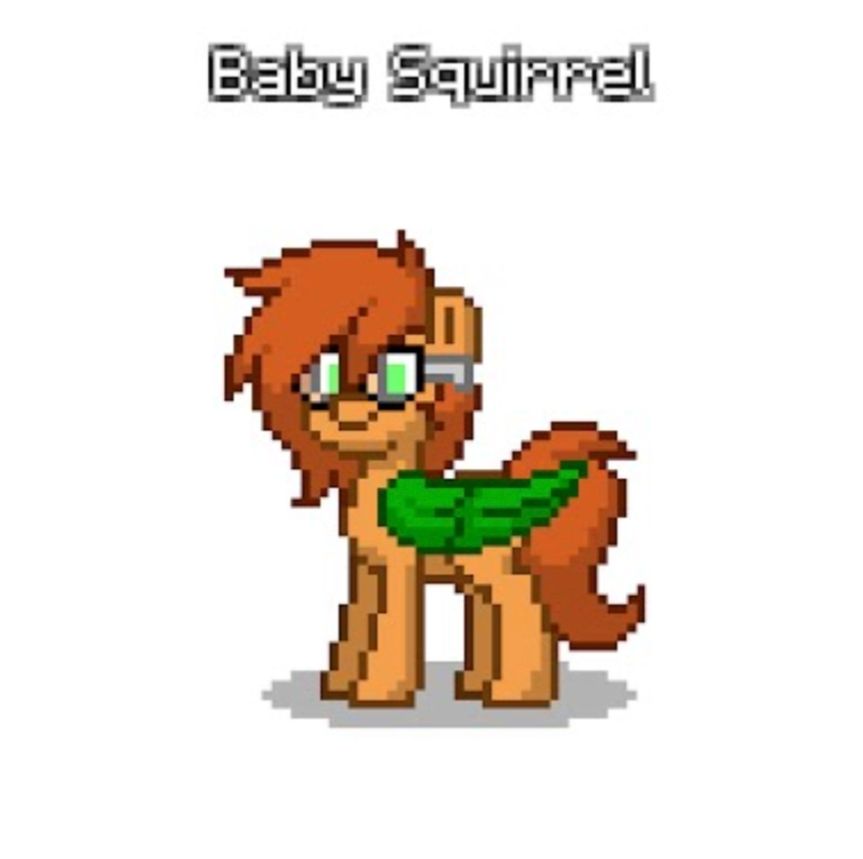 a pixelated cartoon pony with an orange body, side-parted ginger hair, green pegasus wings, green eyes, and large glasses