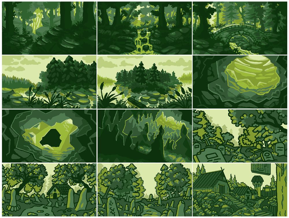 Series of sketches made for the game Daemon Sigil. The first three sketches represent the interior of a forest, the next 2 represent a view of a lake (with a bit of forest too), the next 3, the interior of a cave, and the last ones a cemetery and a village.