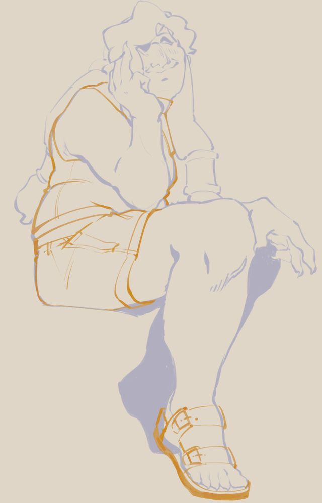 digital sketch in periwinkle and gold. a tall, heavyset woman sits with knees together, chin in their palm. they're wearing an eyepatch, cuffs around their long tentacles, a paneled sleeveless turtleneck, linen shorts, and birkenstocks.