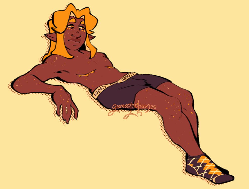digital illustration of a black trans man reclining with a bored, unimpressed expression. he's covered in gold freckles, wearing black men's underwear and argyle socks; his top scars shaped like sun rays are visible.