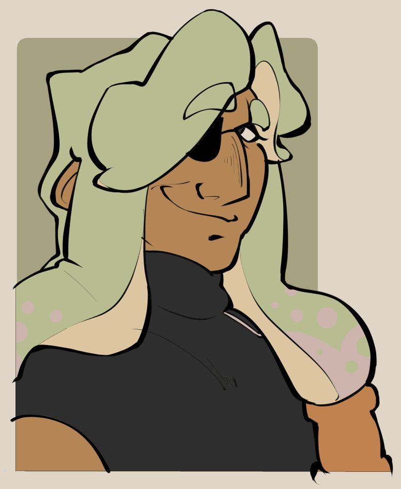 bust illustration, a bronze skinned inkling with mint color ink and gold cuffs on their tentacles grins conspiratorially at the camera.