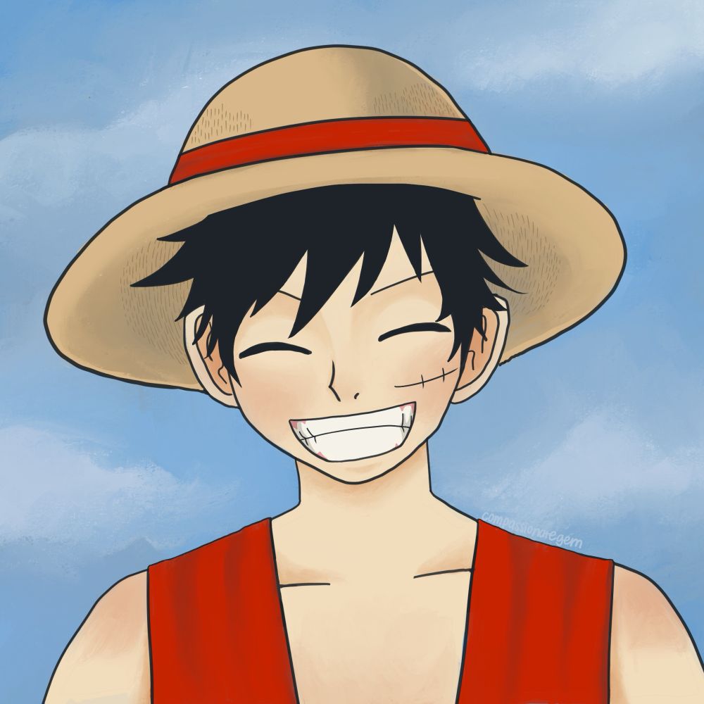 A drawing of Luffy from One Piece grinning with his eyes shut and his teeth showing