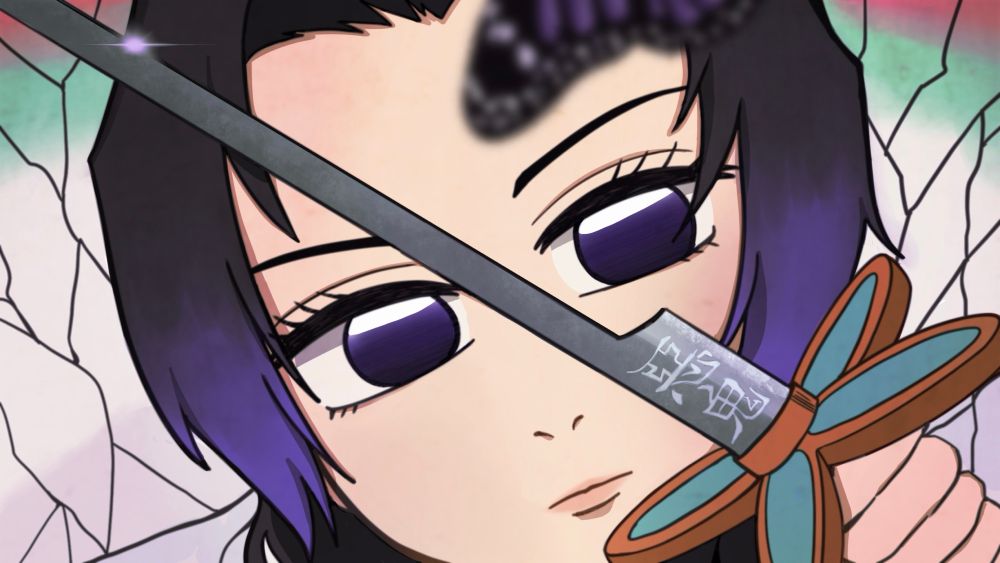 A full color drawing of Shinobu Kocho from the anime Demon Slayer. She has a serious expression on her face and is wielding her sword. 