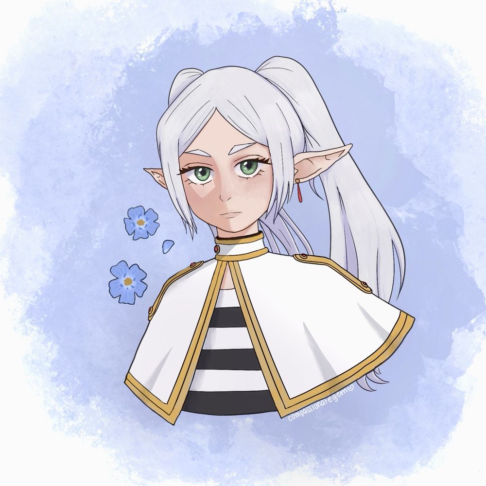 A drawing of Frieren from the anime Frieren. The character has pale skin, silver hair, and green eyes. The background is blue and white.