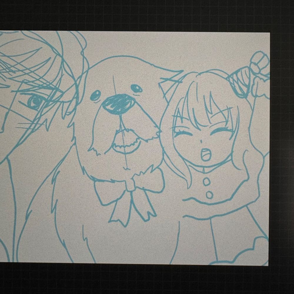 A screenshot of a sketch of Loid, Bond, and Anya from Spy x Family