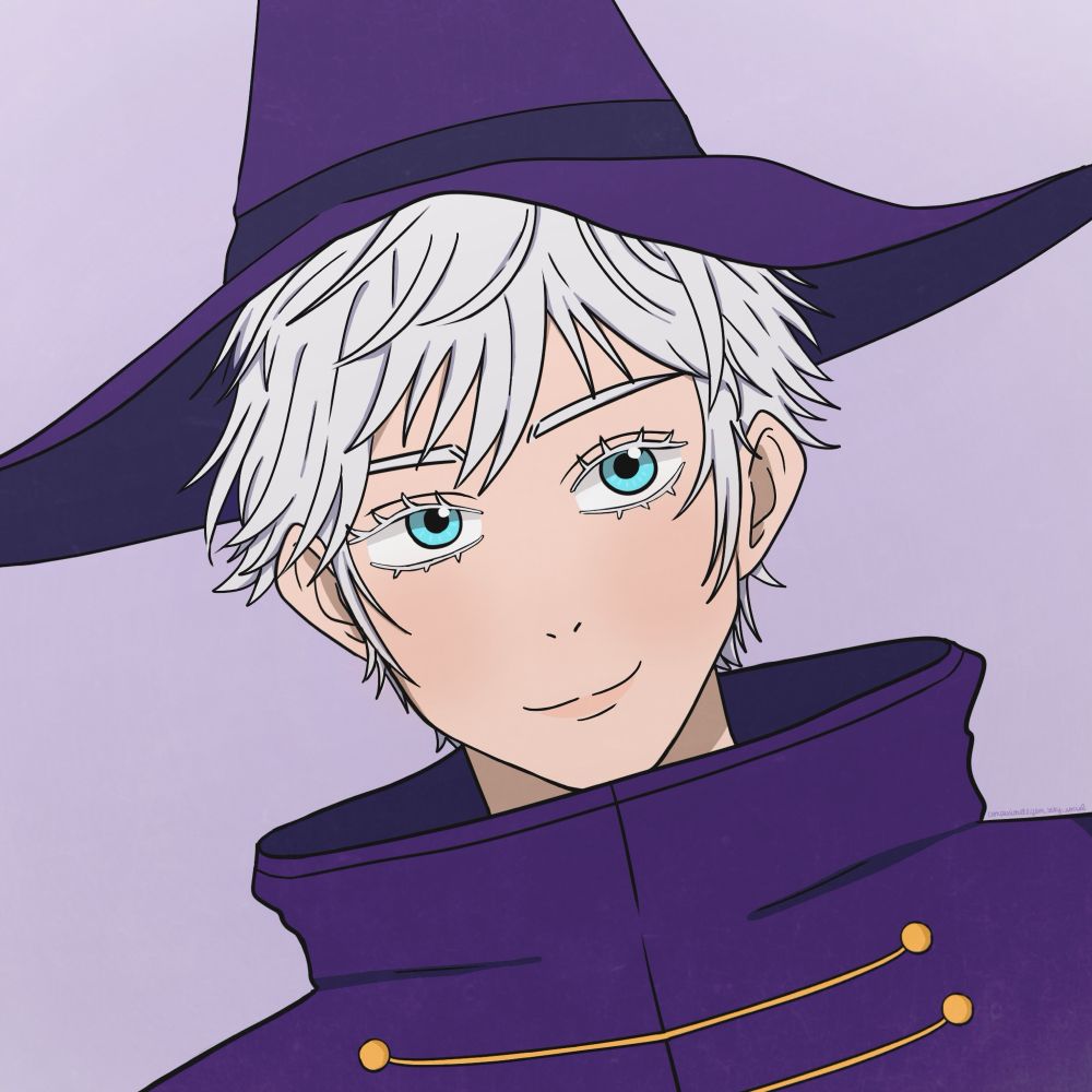 A drawing of the character Satoru Gojo from the anime Jujutsu Kaisen. He is wearing a purple hat and cloak in this drawing. He has silver-white hair and light blue eyes with a light complexion.