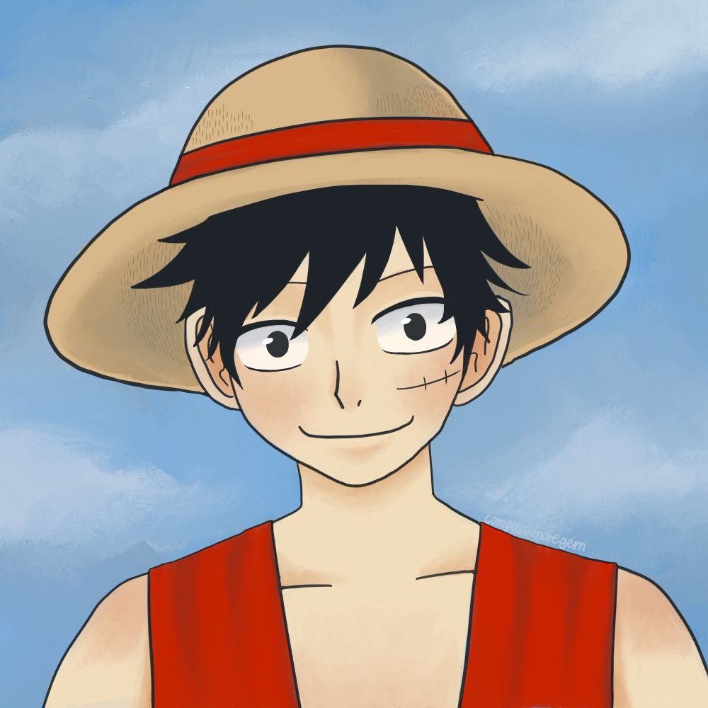 A drawing of Luffy from One Piece smiling with his mouth closed 