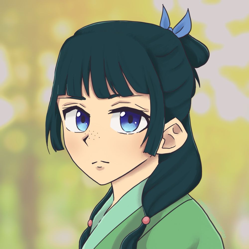 A drawing of the character Maomao from the Apothecary Diaries. She has blue eyes and dark green hair and is wearing a lighter green outfit.