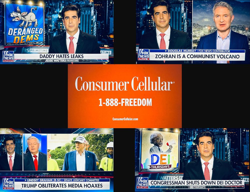 This composite image has four screenshots from Jesse Watters Primetime on Fox News Channel from 6/26/25. The chyrons in order are "Daddy Hates Leak" with a graphic reading "Deranged Dems", "Zohran is a communist volcano", "Trump obliterates media hoaxes", and “Congress shuts down DEI doctor" with a graphic reading "DEI Thursdays". In the middle is a screenshot of an ad from Consumer Cellular that aired during the same program.