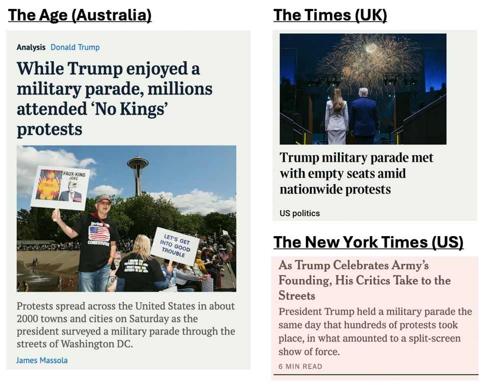 Three clips showing headlines from online newspapers from 6/15/25. From The Age (Australia), "While Trump Enjoyed a Military Parade, Millions Attended "No Kings' Protests". From The Times (UK) "Trump Military Parade Met With Empty Seats Amid Nationwide Protests". From The New York Times "As Trump Celebrates Army's Founding, His Critics Take to the Streets" 