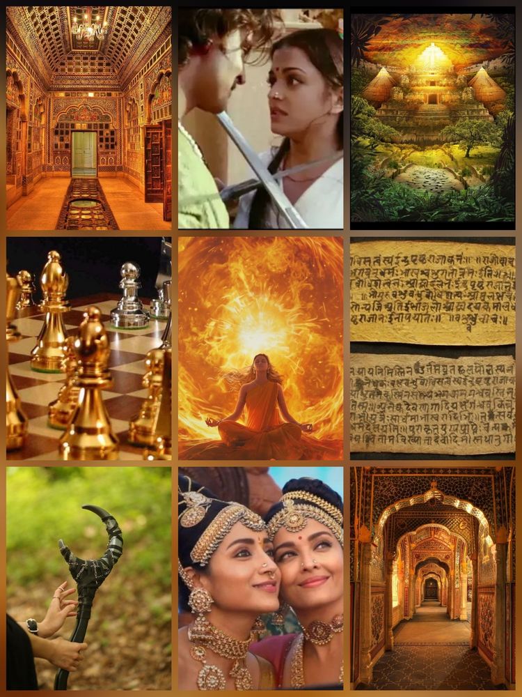 
A green gold & orange themed moodboard with 9 images representing the pitch.
1. A picture of an ornate palace doorway
2. A still from the movie Jodha Akbar
3. An el Doradoesque view
4. A golden chessboard
5. A woman experiencing power thru meditation
6. Sanskrit manuscripts
7. A magical staff in rock
8. Two royal ladies who "seem" like bffs
9. A lavish palace corridor