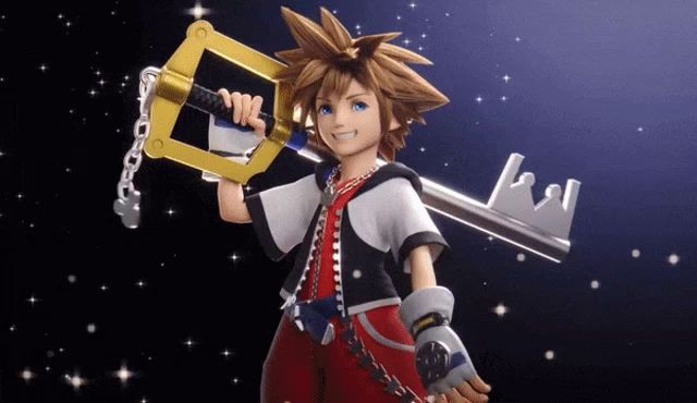 sora from the video game kingdom hearts is holding a key with a crown on it