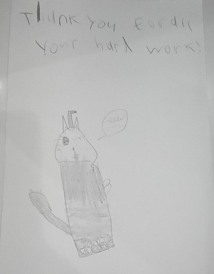 A drawing of a unicorn cat with the caption "Thank you for your hard work" and a speech bubble saying "meow"