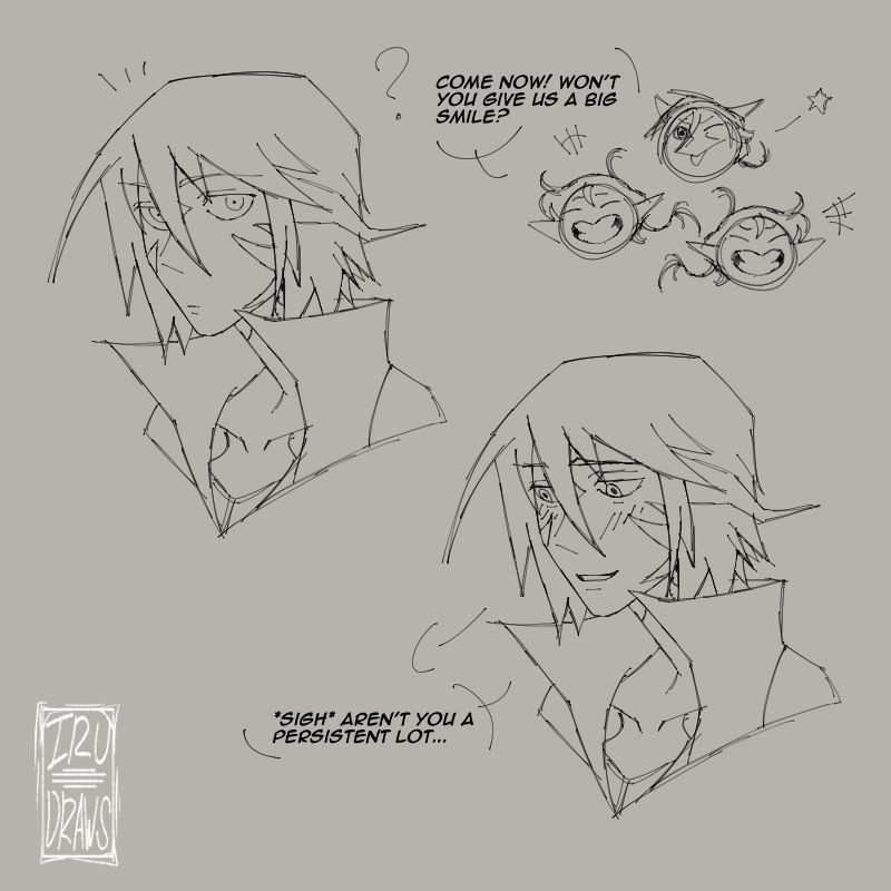 My oc Orion being persuaded to smile by the twins, Alphinaud and Alisaie, and her partner G'raha Tia, characters from Final Fantasy XIV