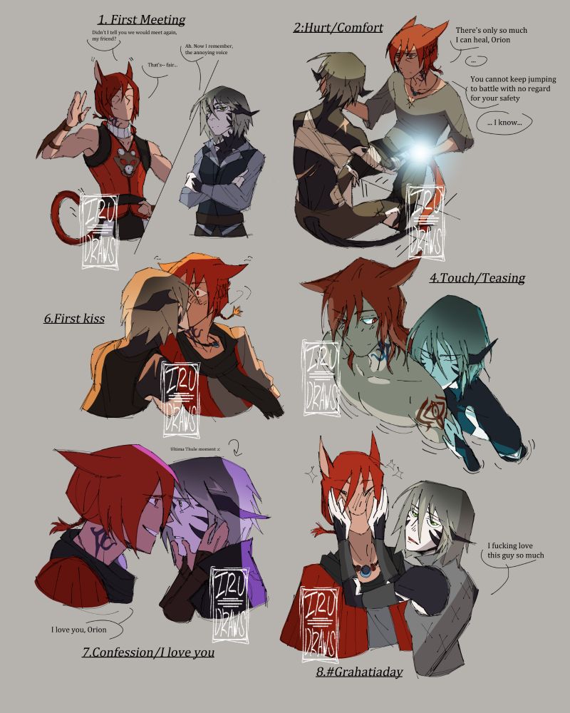 Various sketches of Orion and G'raha Tia for the Wolgraha challenge coming next week. From left to right and from up to down we have: When they first met, in the crystal tower raids; G'raha healing Orion while asking her to take care of herself; The first time they kissed; Orion giving G'raha a tender kiss on his shoulder; G'raha confesing to Orion before "that moment" in ultima thule, Orion squishing G'raha's face