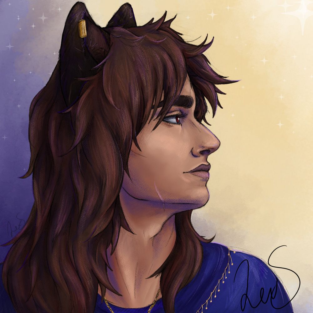 Man with wolf ears, kemonomimi, facing to the right, a profile of his face. He has long hair that is brown. One of his ears has a golden ear cuff. He has a slight scar on his jaw going up. His right cheek. Small scars cover his ears. His expression is peaceful.
