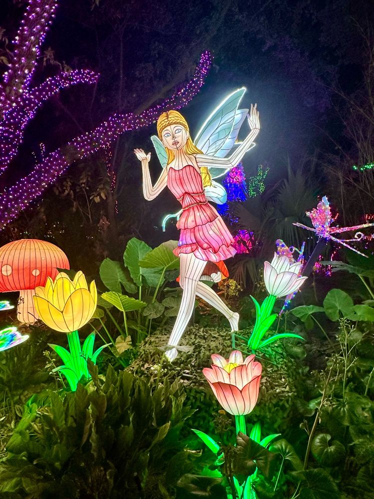 Houston Zoo Lights attraction with a lit up fairy and flowers 