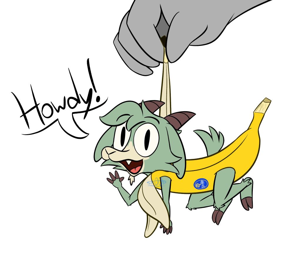 A green goat dressed as a banana, for god knows why, waving and saying "Howdy!" to the viewer. A large hand is holding him by the peel.