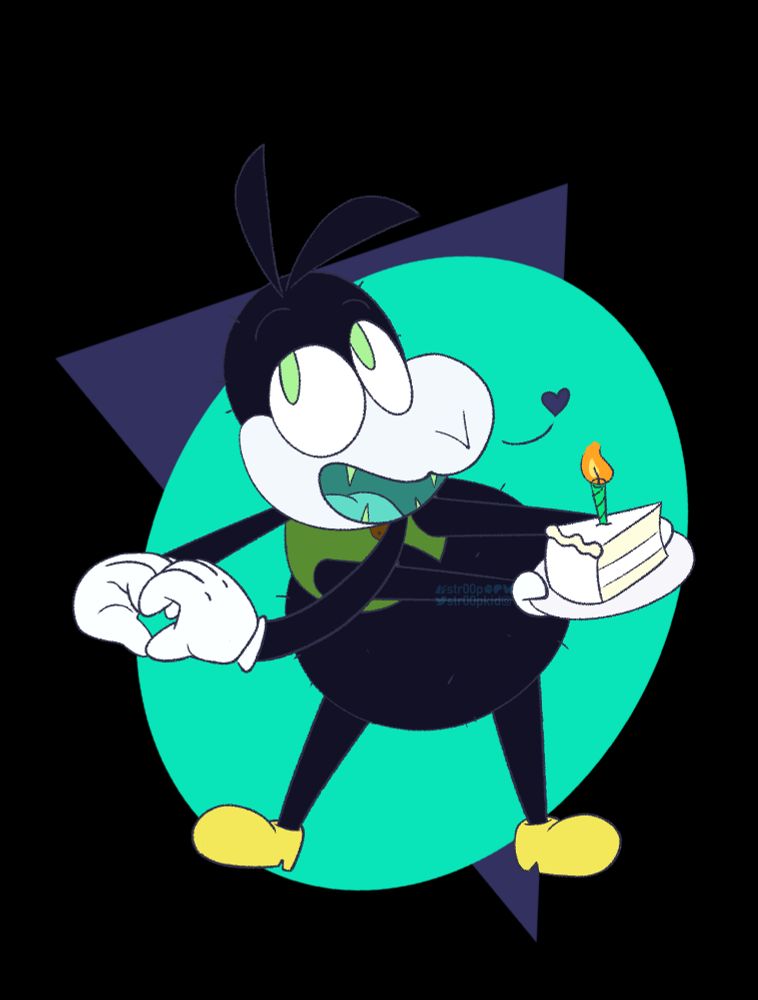 A toony rubber-hose spider smiling up at the viewer. One set of arms is making a heart with his hands, another is holding a slice of birthday cake.