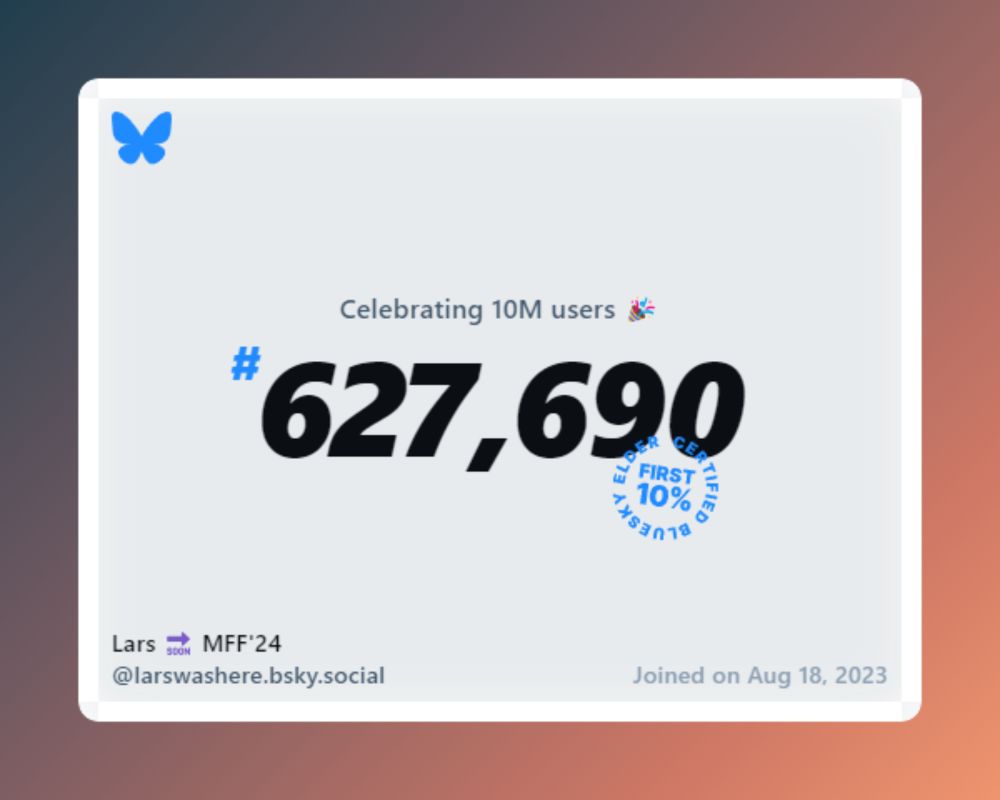 A virtual certificate with text "Celebrating 10M users on Bluesky, #627,690, Lars 🔜 MFF'24 ‪@larswashere.bsky.social‬, joined on Aug 18, 2023"
