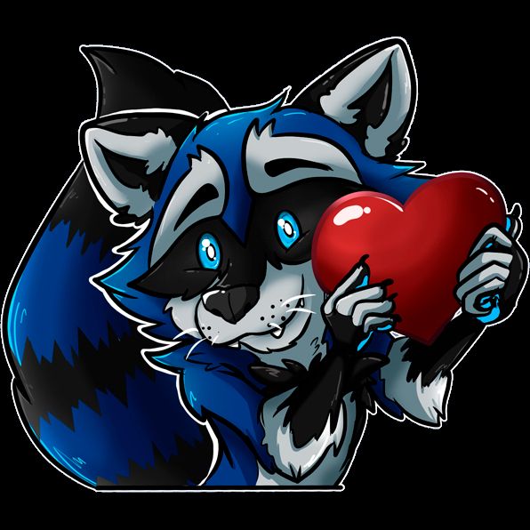 Drawing of a blue, black, and grey raccoon holding up a heart
