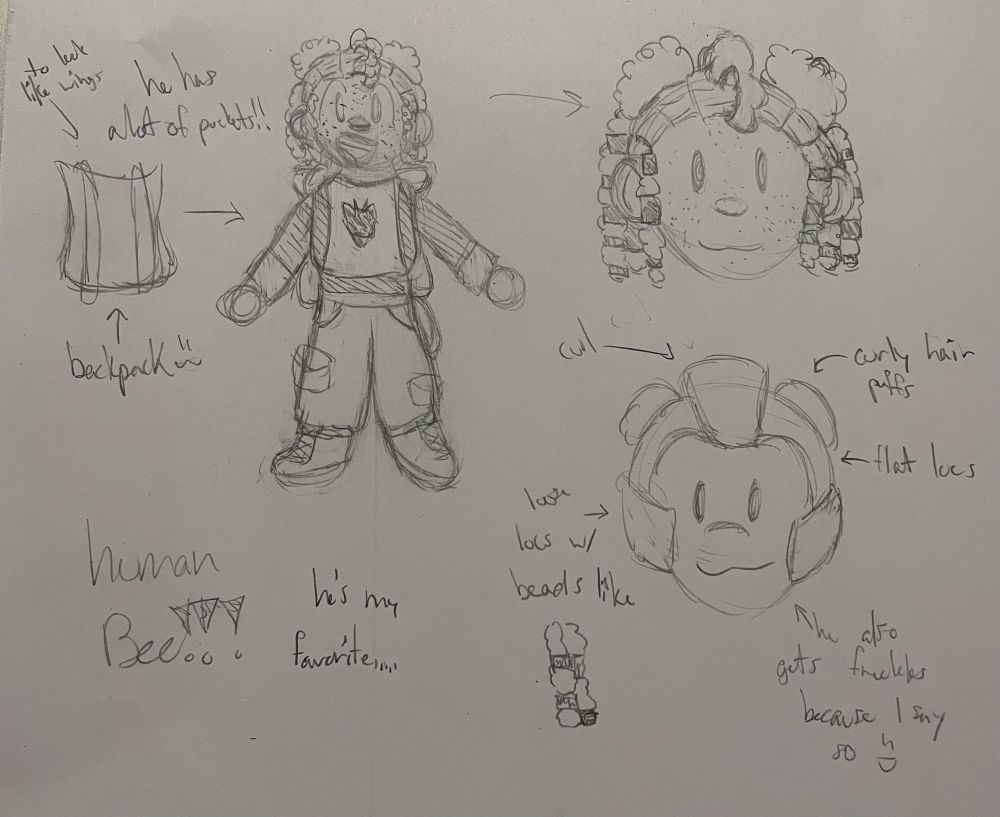 multiple traditional pencil and paper sketches of a human Bumblebee (from Transformers) design