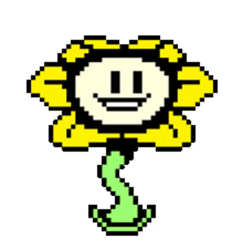 a pixel art of a yellow flower with a smiling face on a green stem .