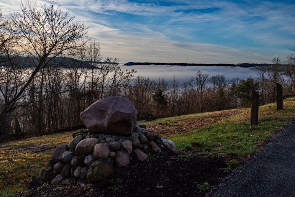 Looking across a fog filled Ohio Rver from the top of the bluff.