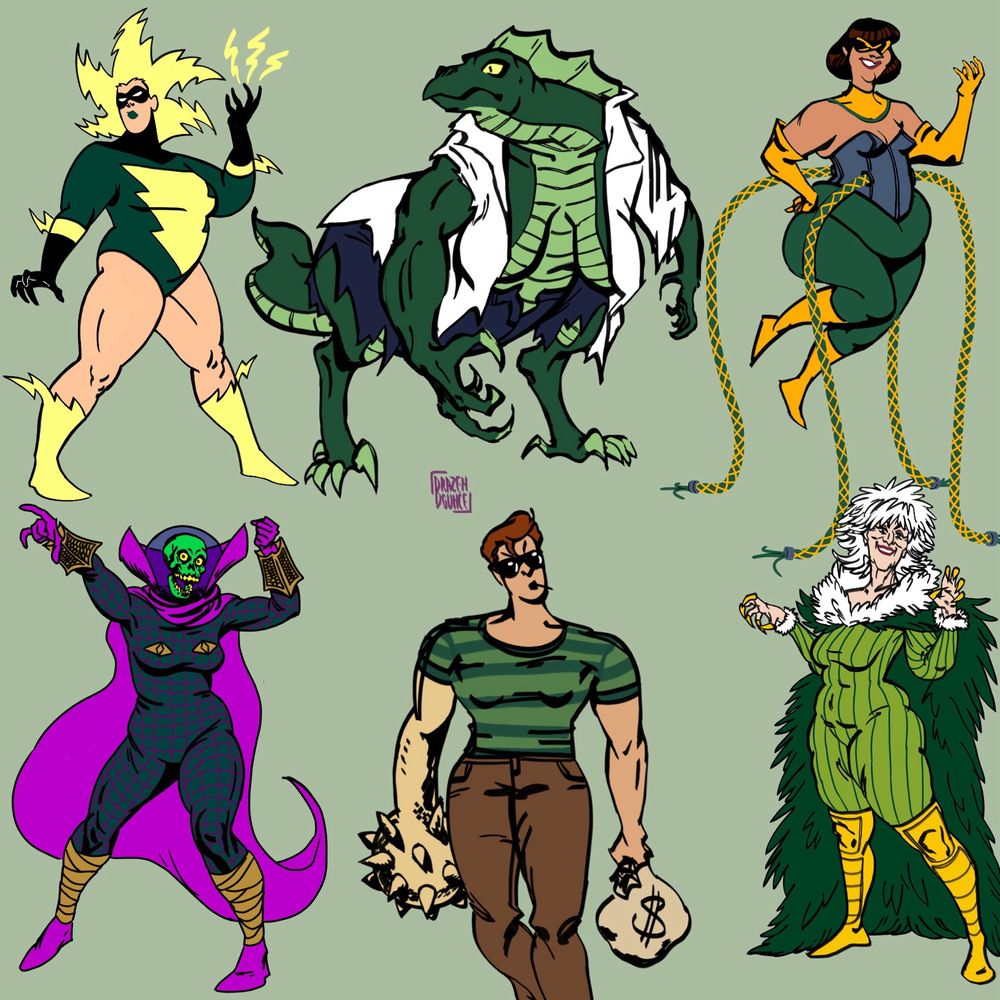 Genderbent spiderman villains electro, the lizard, doctor octopus, mysterio, sandman, and vulture
