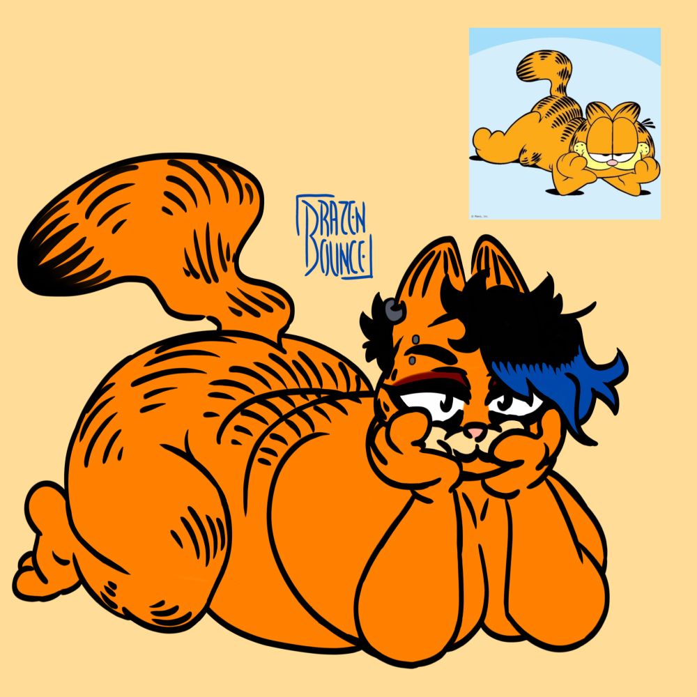 Anthro femme Garfield in the kneeling position without clothing. Above is the original image of Garfield in his classic art style and design in the same position