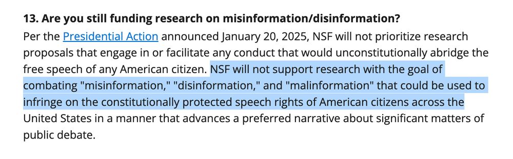 NSF Q&S highlighting response to question "Are you still funding research on misinformation?". RESPONSE: NSF will not support research with the goal of combating "misinformation" "disinformation" or "malinformation" that could be used to infringe on the constitutionally protected speech rights of American citizens across the US